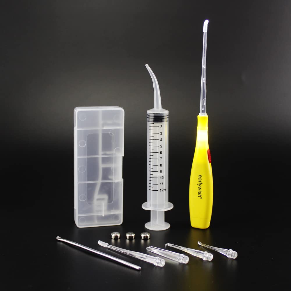 EarlywishUpgraded 6.75" Long LED Lighted Tonsil Stone Remover Tool, Yellow, 5 Tips, Tonsillolith Pick Case + 1 Irrigator Clean Curved Tip Syringe