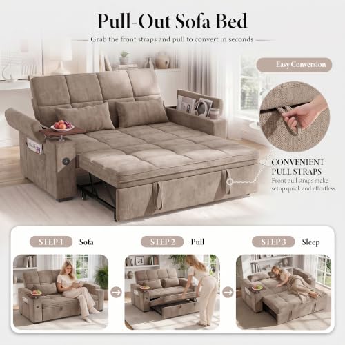 Image of Dreamzie 65'' Convertible Sleeper Sofa Bed with Swivel Side Table, Chenille Pull Out Couch for Living Room, Loveseat Sleeper Couch with Hidden Storage Space | Charging Port | Cup Holders, Brown