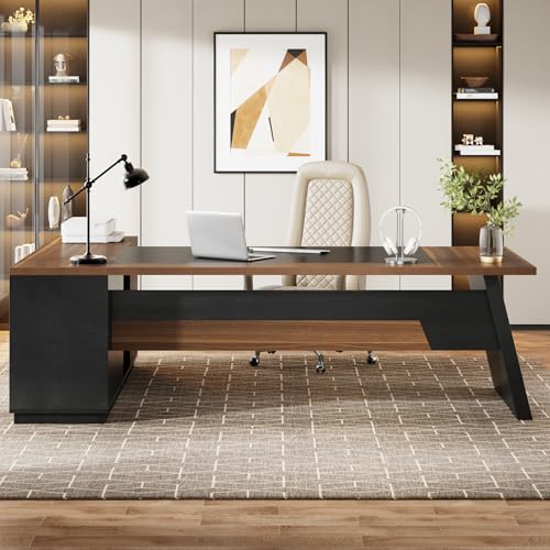 Image of Tribesigns 78 inch L-Shaped Executive Desk, Extra Large Modern Office Desk with Drawers and File Cabinet, Business Furniture with Storage Shelves, Big Computer Desk for Home Office (Light Walnut + Black)