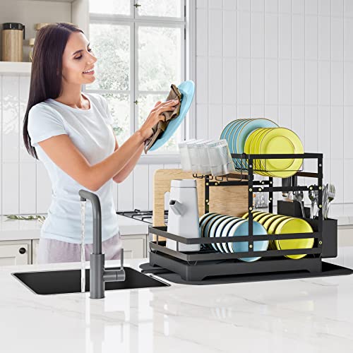 Bbxtyly Large Dish Drying Rack, 2 Tier Collapsible Dish Racks With Drainboard，Drainage, Wine Glass Holder, Utensil Holder And Extra Drying Mat, Dish Drainers For Kitchen Counter (Black) #TOP3