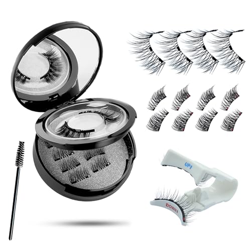 Faux Cils Magnétiques Noirs Set – 3 Paires (Voll & 3/4 Demi-Cils), Effet Naturel, 4 Aimants Renforcés, Sans Colle, avec Applicateur et Boîtier Miroir