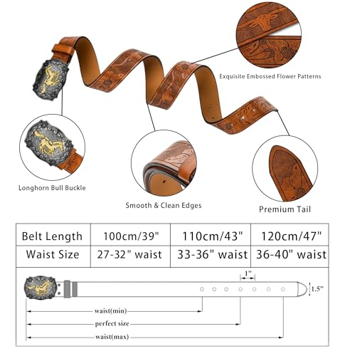 Rodeo Cowboy Western Belt for Men – Vintage Bull Head Buckle Distressed Genuine Leather Fits 25"-38"3