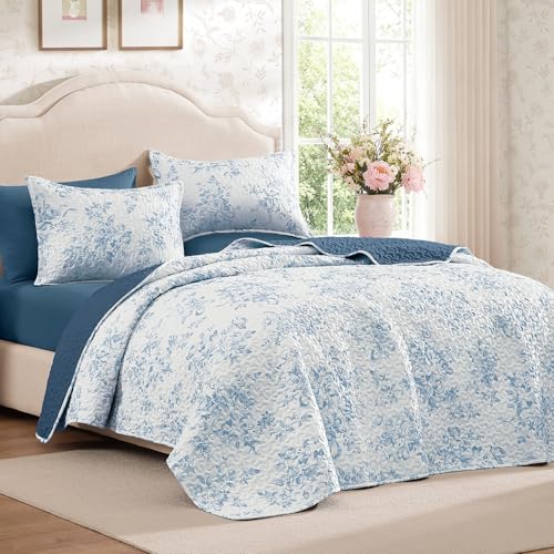 Image of Andency Quilt Queen Size, Blue Flower Bedspread Queen Size, 3 Pieces Soft Bedding Set, Lightweight Coverlet Set for All Season with 2 Pillowcases (96 inchx90 inch)