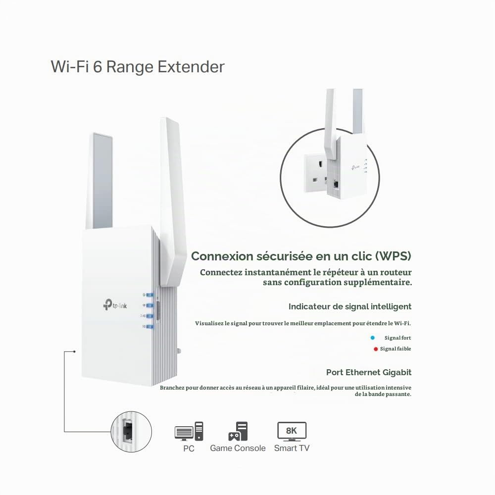 TP-Link Extension de portée Wi-Fi 6 maillé double bande AX3000, amplificateur/hotspot Wi-Fi 1 port Gigabit, canaux 160 MHz, mode point d'accès intégré, configuration