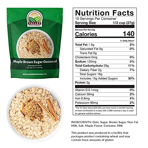 Image of Valley Food Storage Maple Brown Sugar Oatmeal | 10-Bag Bucket, 100 Servings | Premium Emergency Food Supply, 25 Year Shelf Life | Survival Breakfast Food for Prepper Storage & Camping