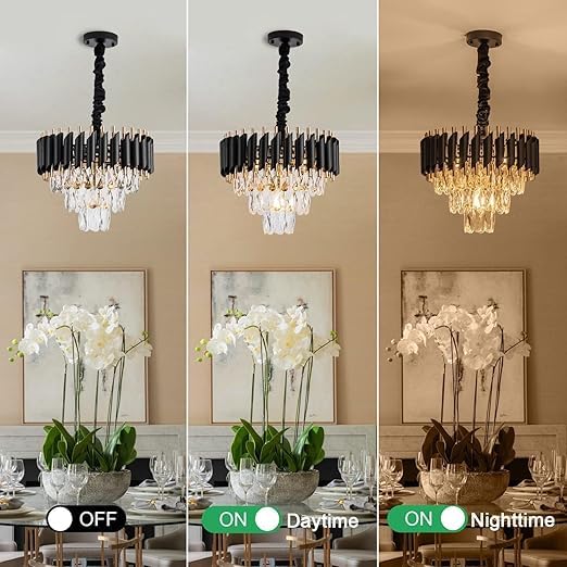 Image of Modern 3-Tiers Crystal Pendant Light Black Gold Round Ceiling Light Fixture (Antique, 300mm), 3 Colors Led Plate Included Warm White, Natural Light, Chandelier Light (L-30*B-30*H-70 Cm) B