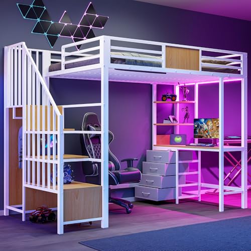 Mrwoo Cama Alta 90x200cm con LED, Litera con Escritorio y estantes, Esta litera Multifuncional es Ideal para oficinas, Habitaciones pequeñas, Blanco (Cama Sin Colchón)