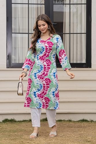 Image of Women's Tie-Dye Printed Kurti, V-Neck, 3 /4 Sleeves, Multicolour, Casual Wear