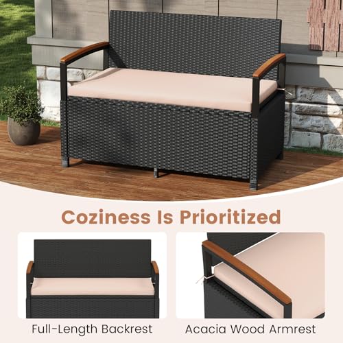 Image of Tangkula 46 Gallon PE Rattan Outdoor Bench with Storage & Cushions