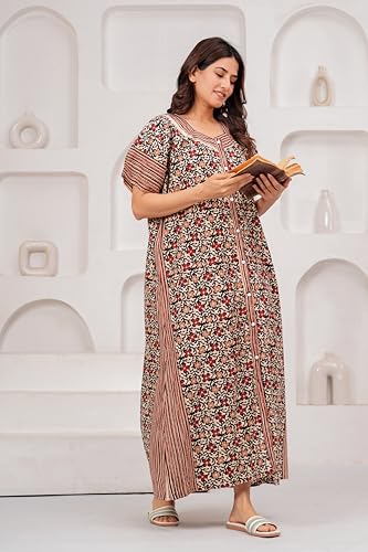 Image of DIAMO Full Open /Front Buttoned Pure Cotton Night Gown Women /Girls with Jaipuri Block Print, Maxi Night Gown, Sleepwear, Nighty, Nightdress, Jaipuri Nighty, Nighties