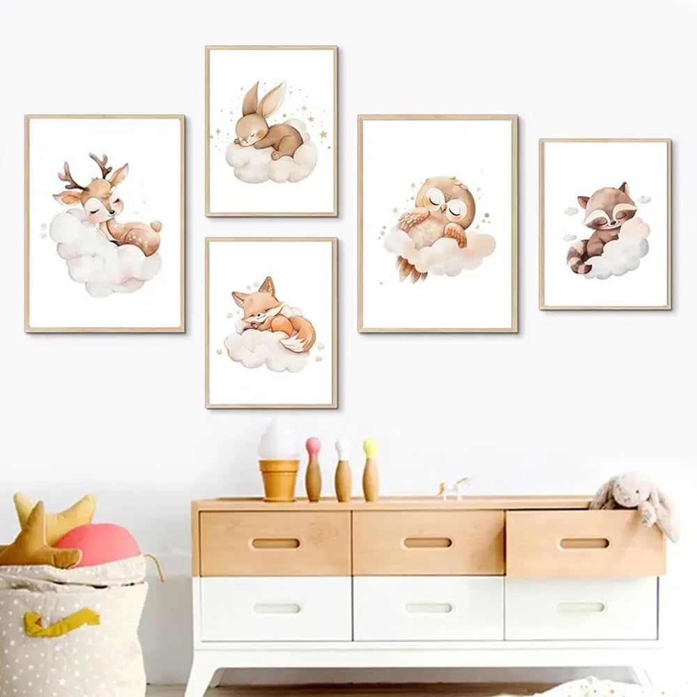 BeiYiHo Tableau Chambre Bebe Biche Nuages 21x30 Affiche Beige Brun Deco Chambre Enfant Theme Nature Poster Bébé Cerf Decoration Murale Fille Cadeau sans Cadre