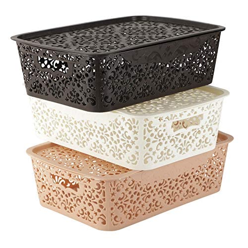 Image of Cutting Edge Essentials Plastic Storage Baskets /Shelf /Turkish Rack with Lid - Set of 3 for Fruit Vegetable Bathroom Stationary Home Basket with Handle (Brown,Beige & White - Medium)