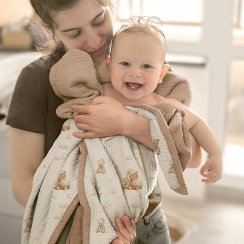 Image of lulumoon Muslin Baby Blanket Neutral - Breathable Cotton Crib Bedding for Toddler - 4 Layer Soft Lightweight for Stroller and Daycare 47 inchx47 inch (Bear)