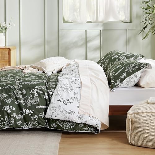 Image of Bedsure Full Comforter Set - Dark Olive Green Bed Set, 3 Pieces Cute Floral Bedding, 1 Soft Reversible Botanical Flowers Comforter and 2 Pillow Shams