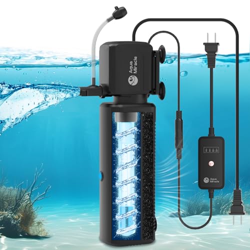 AquaMiracle Aquarium Filter with U - V Light & Filter Sponge, Fish Tank Filter with Timer for Green Water, Turtle Filter with Aeration & Rainfall Mode for Aquarium 60-150 Gallon For Aquarium