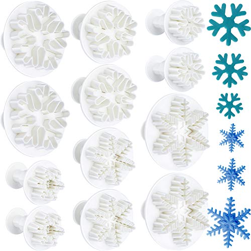 12 Pieces Snowflake Plunger Cutters Snowflake Cookie Fondant Mold Christmas Snowflake Frozen Plunger Cutter Cake Decoration Embossing Tool