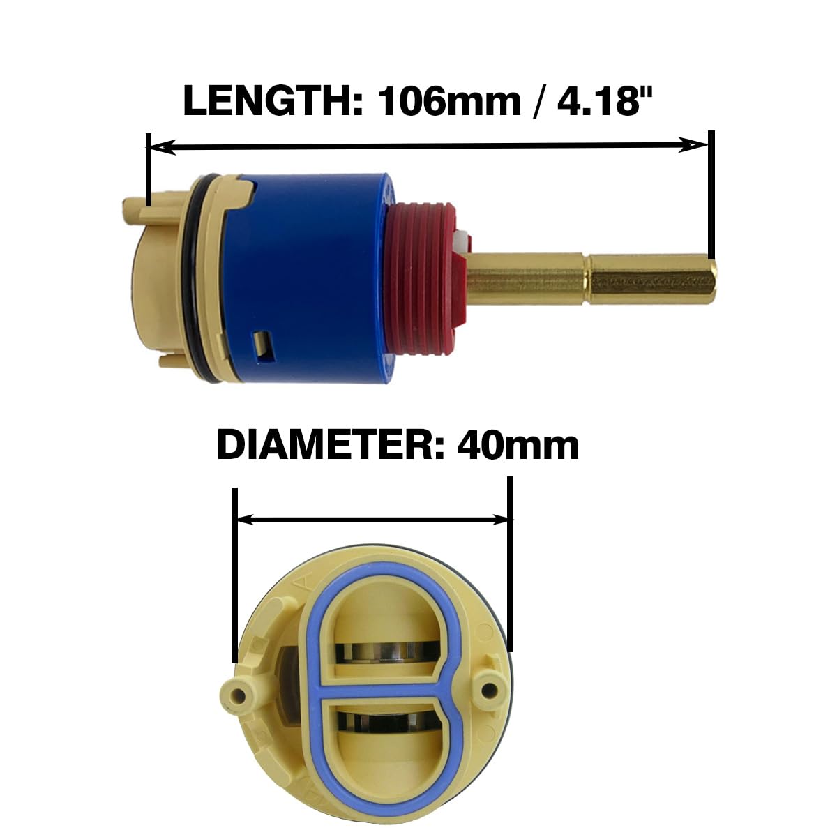 Cartucho de repuesto Danco 10670 para grifo, vástago extendido de 4.25 pulgadas, 40 mm, cartucho de cerámica HainYo HL-40 de equilibrio de presión, compatible con grifos Aqua/Glacier Bay, plástico,