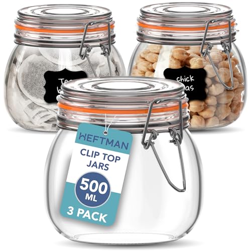 HEFTMAN Glasbehälter mit Bügelverschluss luftdicht mit Deckel und Silikondichtung für Nudeln Sauerteigvorspeise Chutney Küchenorganisation leere Vorratsdosen (500 ml 3 Stück)