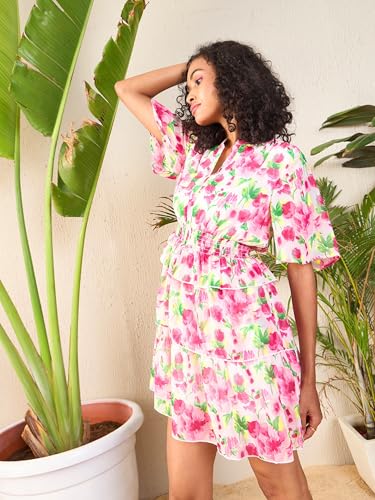 Image of SASSAFRAS Women's Layered Hem Short- Floral Printed Flared Sleeve Layered Georgette Fit & Flare Dress