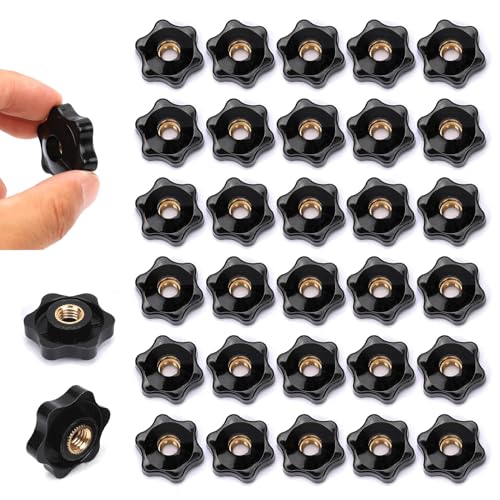 HIZEMLK 30PCS 1/4-20 Knob, 6-Star Knobs, Nylon Female Threaded Knobs, Black Screw-On Type Thru Threaded Knob Nuts, Hand Tighten Clamping Knobs