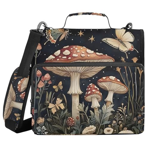 Image of 3 Ring Zipper Binder with Shoulder Strap Mushrooms Flowers Butterflies (2) 1.5 inch Binders Keeper Large Capacity Multi Pockets for School Office Supplies