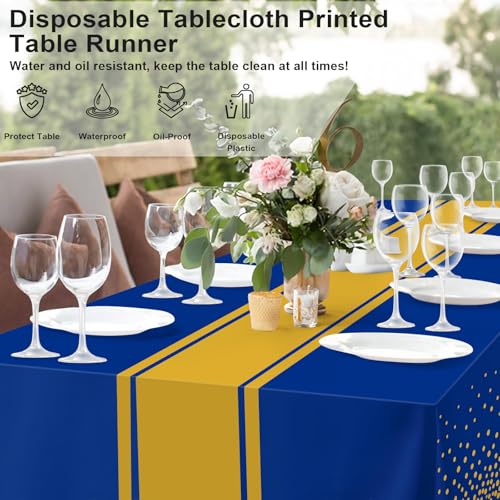 Image of 6 Pack Blue and Gold Tablecloth Party Decorations Plastic Blue Tablecloth Printed Gold Table Runner 54 x108 Inch Disposable Rectangle Table Cover for Birthday Wedding Graduation