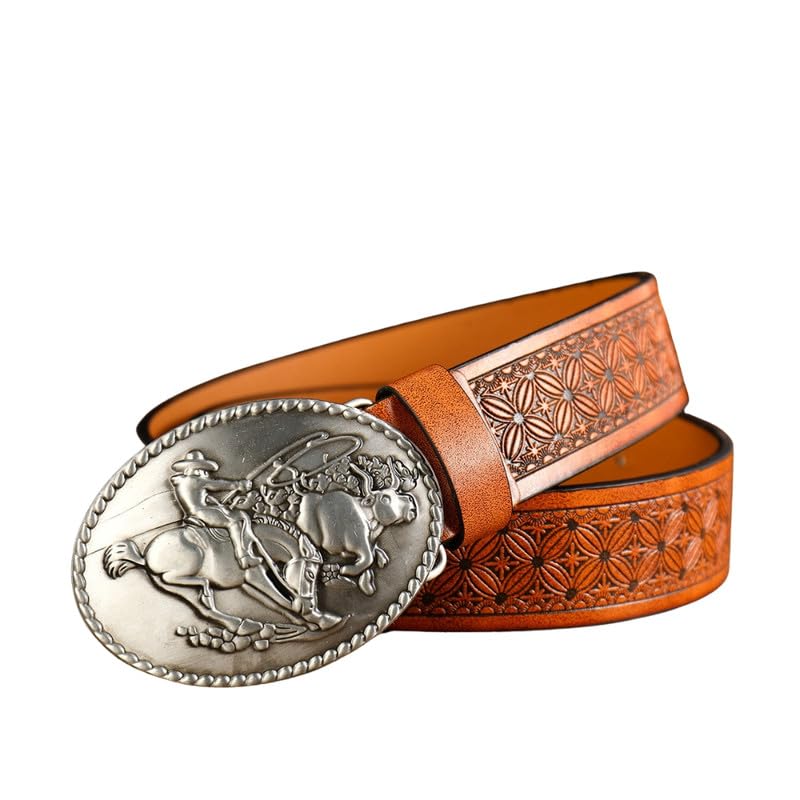 Image of Mastyle Men's Leather Belt with Horse Design Buckle - Adjustable Waist Strap for Jeans and Casual Wear