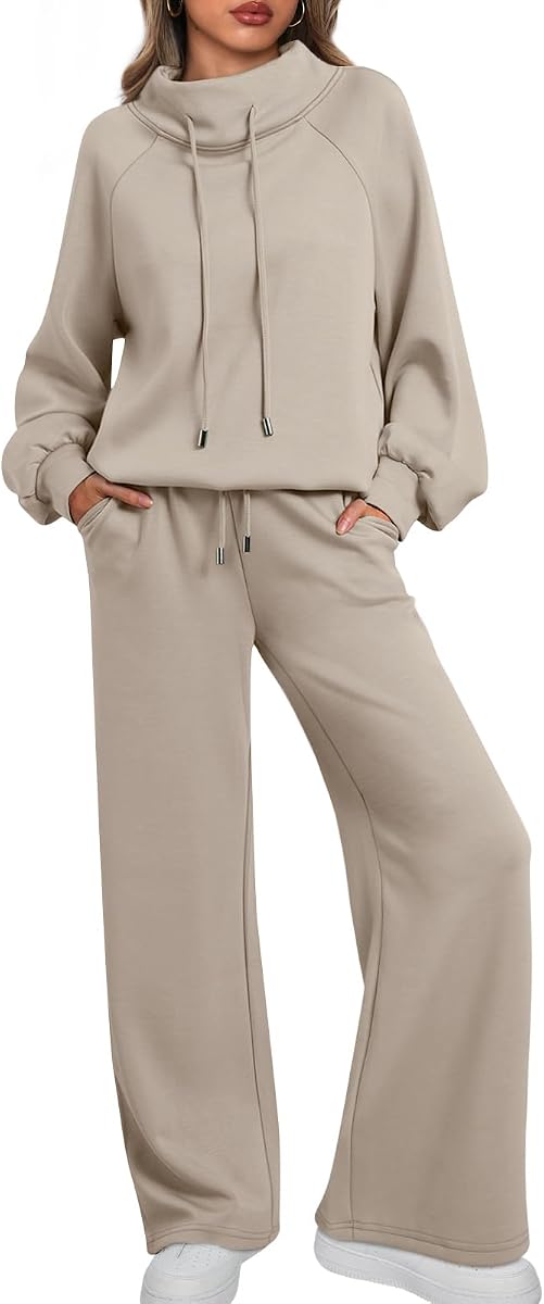 Conjuntos de sudadera AUTOMET Mock Neck 2 Piece Lounge para mujer que combinan con la moda de otoño | Sudaderas con cordón, pantalones de chándal de pierna ancha, cintura elástica, bolsillos laterales