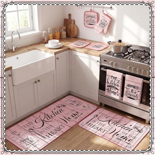 Fourluoo 10 Pcs Farmhouse Pink Kitchen Decor and Accessories Set Kitchen Towels and Rugs Pot Holders Oven Mitts for Cooking Baking Mom Housewarming Gifts by Fourluoo - Used condition - Image 7