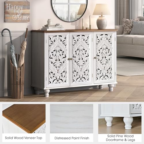 Image of Accent Cabinet with 3 Doors, Decorative Storage Cabinet with Adjustable Shelf, Carved Sideboard Buffet with Solid Wood Legs for Living Room, Entryway, Kitchen, Hallway, White
