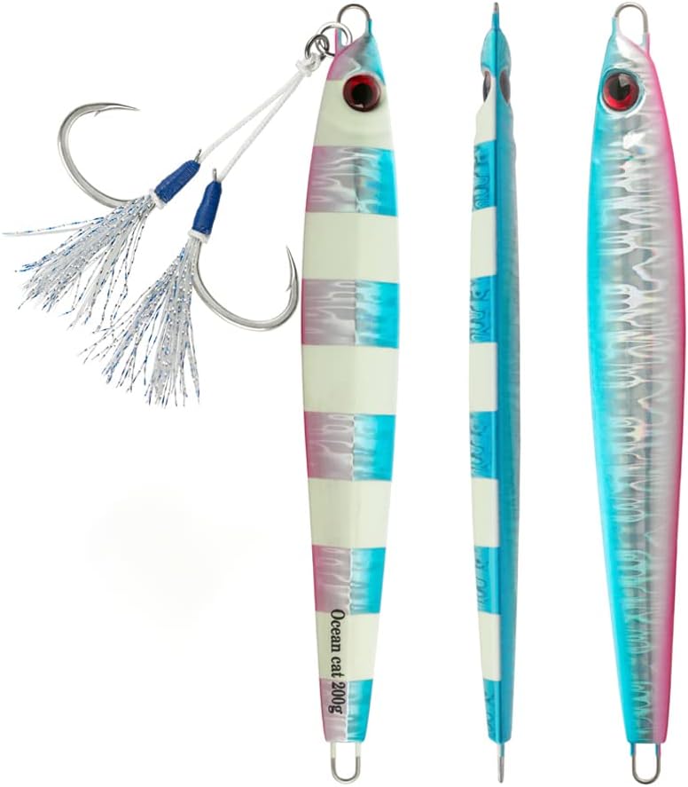 OCEAN CAT Lead Metal Flat Slow Fall Pitch Fishing Jigs Lures Sinking Vertical Jigging Bait with Butterfly Hook for Saltwater Fishing Size 40g 80g 120g 160g 200g