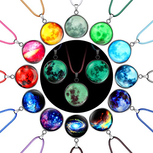 15 Pieces Galaxy Pendant Necklace Glass Universe Outer Space Necklace Glowing In The Dark Necklace For Costume Props Birthday Party Favors Halloween Goody Bag Fillers #TOP16