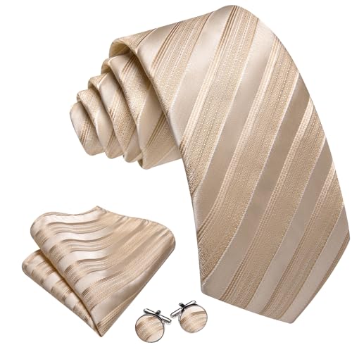 Image of Barry.Wang Tie Sets for Men Silk Stripe Necktie Woven Checkered Handkerchief Cufflinks Formal Business Wedding