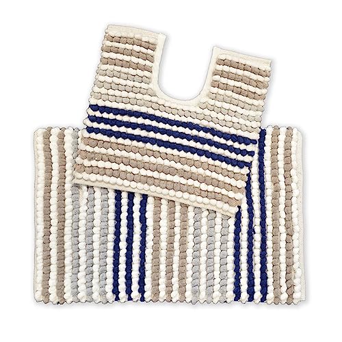 Image of Allure Striped Chunky Bobble Two Piece Bath Mat & Toilet Mat Set, Handwoven, Cotton Blend, Pom-Pom Design (Navy)