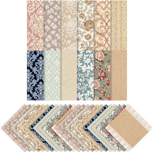 LENSARKU 24 hojas de papel vintage de encaje de arpillera de 11.8 x 11.8 pulgadas, papel decorativo de doble cara para diarios basura, fabricación de tarjetas, álbum de fotos, envoltura de regalos e