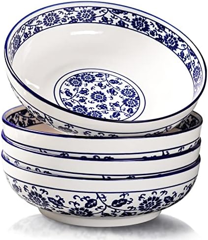YUN TAO Pasta Bowls 60oz, 9 Inch Large Fruit Salad Serving Bowls, Soup Bowls, Porcelain Ramen Bowls Set of 4, Serving Dishes for Entertaining & Restaurant,Microwave Dishwasher Safe
