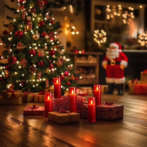Image of Amagic Red Flameless Candles with Remote, Battery Operated Candles with Timer, Acrylic Flickering LED Candles for Christmas Decor, 3D Wick, Warm Yellow Glow, D2.2 xH5 5 inch 6 inch 7 inch 8 inch, Set of 5