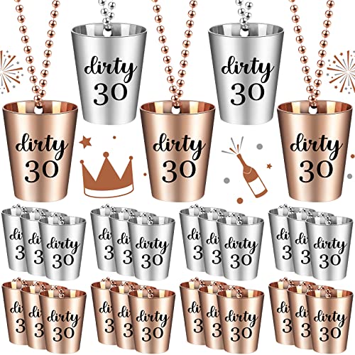 Inbagi 24 Pcs 30Th Shot Glass On Beaded Necklace Birthday Plastic Shot Necklace Cups For Birthday Gifts Party Anniversary Supplies (Silver, Rose Gold) #TOP29