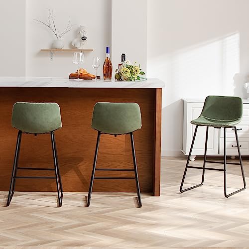 HeuGah Green Bar Stools Set of 3, 26 Inch Barstools with Metal Legs Faux Leather Counter Height Bar...