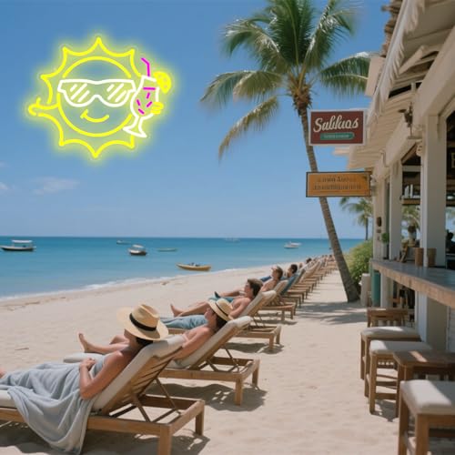 Image of Bar Neon Sign for Wall Decor, Funny Neon Sign for Beach Bar Pub Sandbeach Beverage Shop, Sun Sunglasses Drinks Led Sign with Dimmer, Summer Decoration USB Powered with Switch