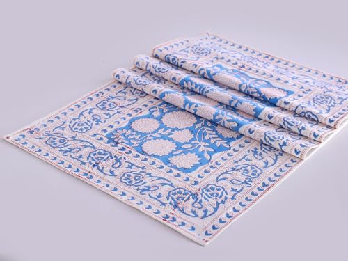 Image of Ravaiyaa - Attitude is everything Cotton Hand Block Printed Table Runner Bed Runner Table Decor (Blue & White Floral)