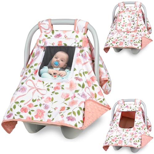 Image of Baby Carseat Seat Cover Girls, Winter Carseat Canopy, Cozy & Warm Cover with Zipper Peep Windows, Infant Minky Carrier Cover, Soft Breathable, Baby Must Have, Pink Bow