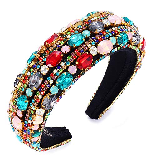 Rhinestone Headband for Women Statement Wide Baroque Bejeweled Padded Diamond Headband Colorful Crystal Elastic Velvet Hairband for Wedding Party (Colorful B)
