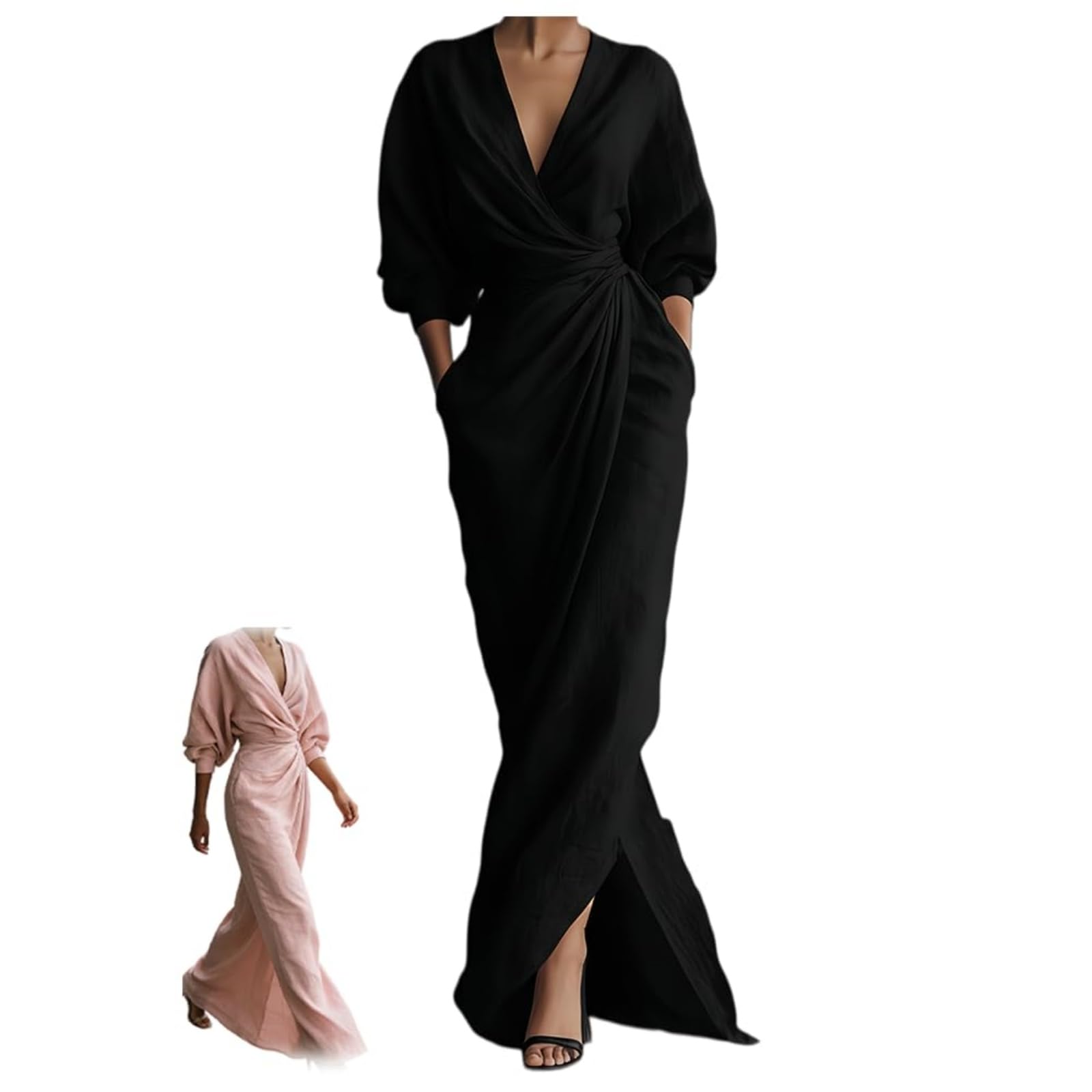 Maxi Abito Donna Primavera/Estate 2026 – Scollo a V, Maniche Lunghe, Vita Incrociata, Dettagli Arricciati, Spacco sull'Orlo – Stile retrò, Elegante e Formale