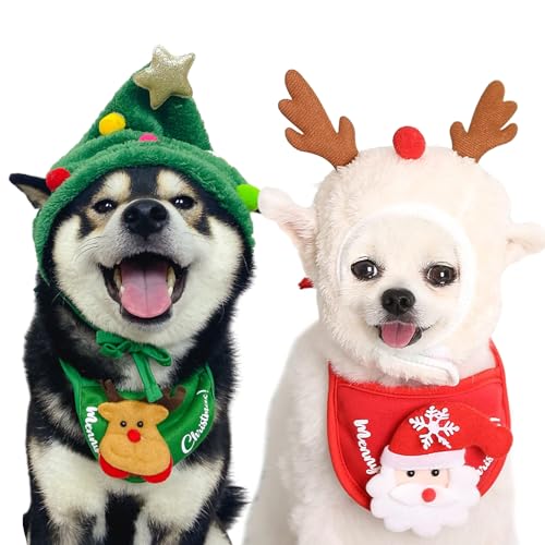 4PCS Pet Dog Christmas Outfit, Costume for Dogs and Cats With Funny Antlers Adjustable Hat, Cloak, Santa Saliva Towels