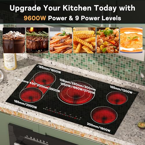 Image of 36 Inch Electric Cooktop 5 Burner, Built-in Electric Stovetop with Flexible Bridge & Triple Ring Burner, 9600W Cooktop Electrics with BBQ Burner, Timer, Safety Lock,Pause, 220V-240V Hard Wire