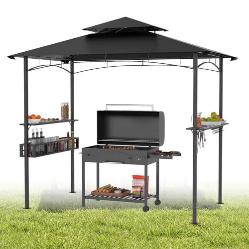 Tonnelle pour barbecue, avec toit double couche, 245 x 153 x 250 cm, imperméable, ignifuge, avec sac de rangement, pour jardin, fête, barbecue - Noir
