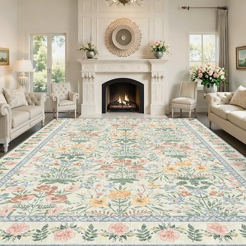 Arvenchy Boho Washable Area Rug: Floral Green 8x10 Rug for
