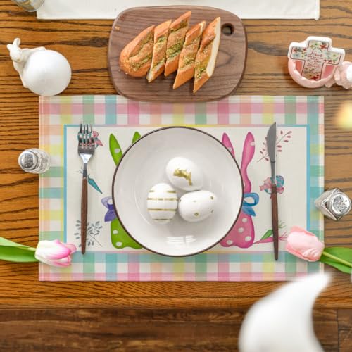 Artoid Mode PLACEMAT-EASTER-4PC-3045-037GRBUPK Green Blue Pink Buffalo Plaid Bunny Happy Easter Placemats Set Of 4 thumb #1