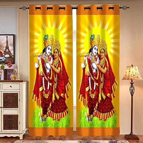 Image of UNITMALL Digital Printed God Curtains 1 Piece | Home Mandir Pooja Room Decor Bhgwan Window Curtain 5ft | Polyester Eyelet Drapes & Panels (4x5 Feet, Radha Krishna Pattern)